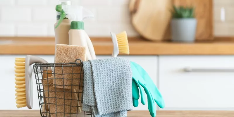 Cleaning products in basket