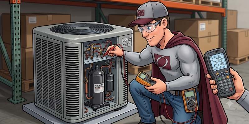 ClimateCare HVAC technician testing electrical components on an outdoor heat pump unit